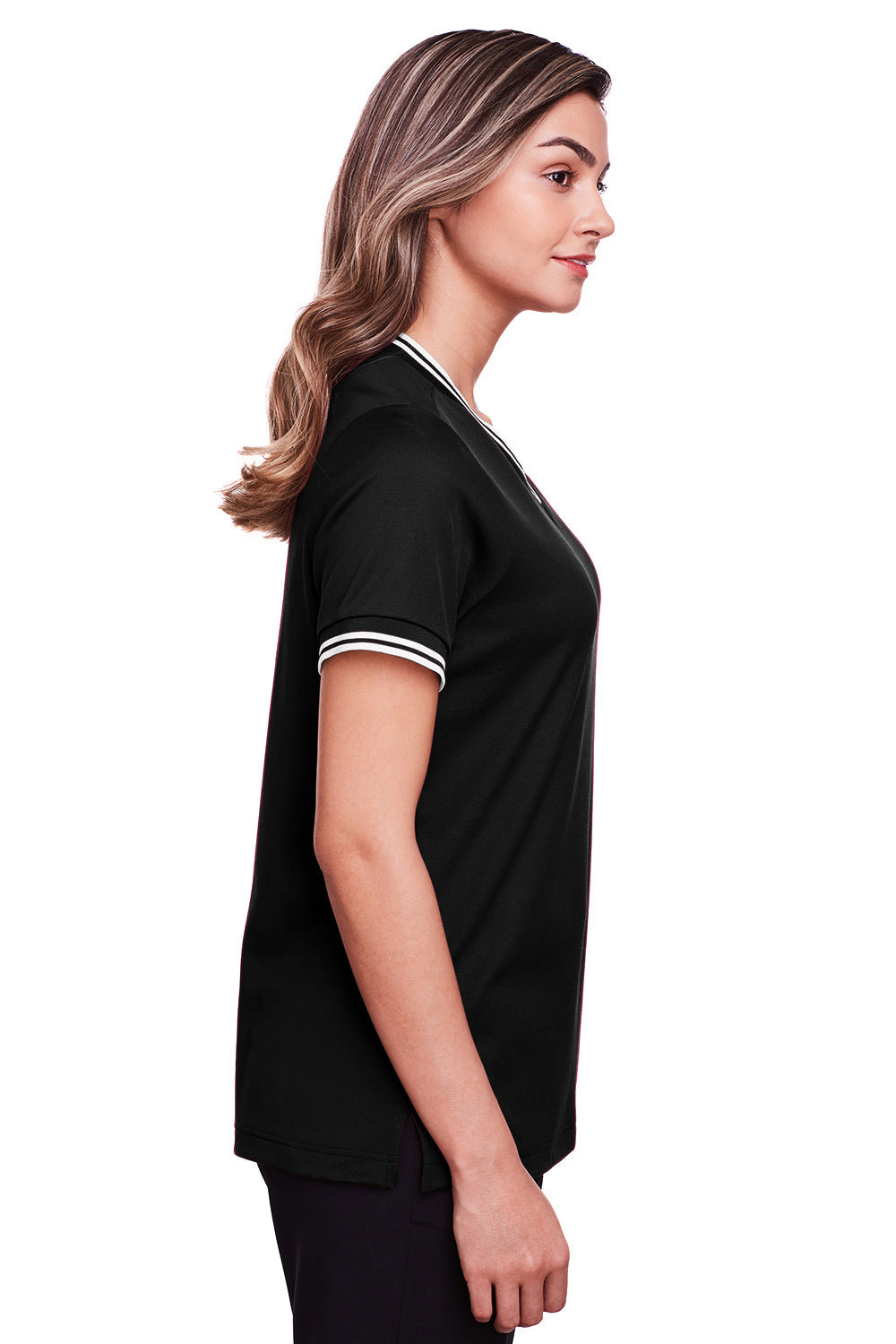 Devon & Jones DG20CW Womens CrownLux Performance Moisture Wicking Short Sleeve Polo Shirt Black/White Model Side