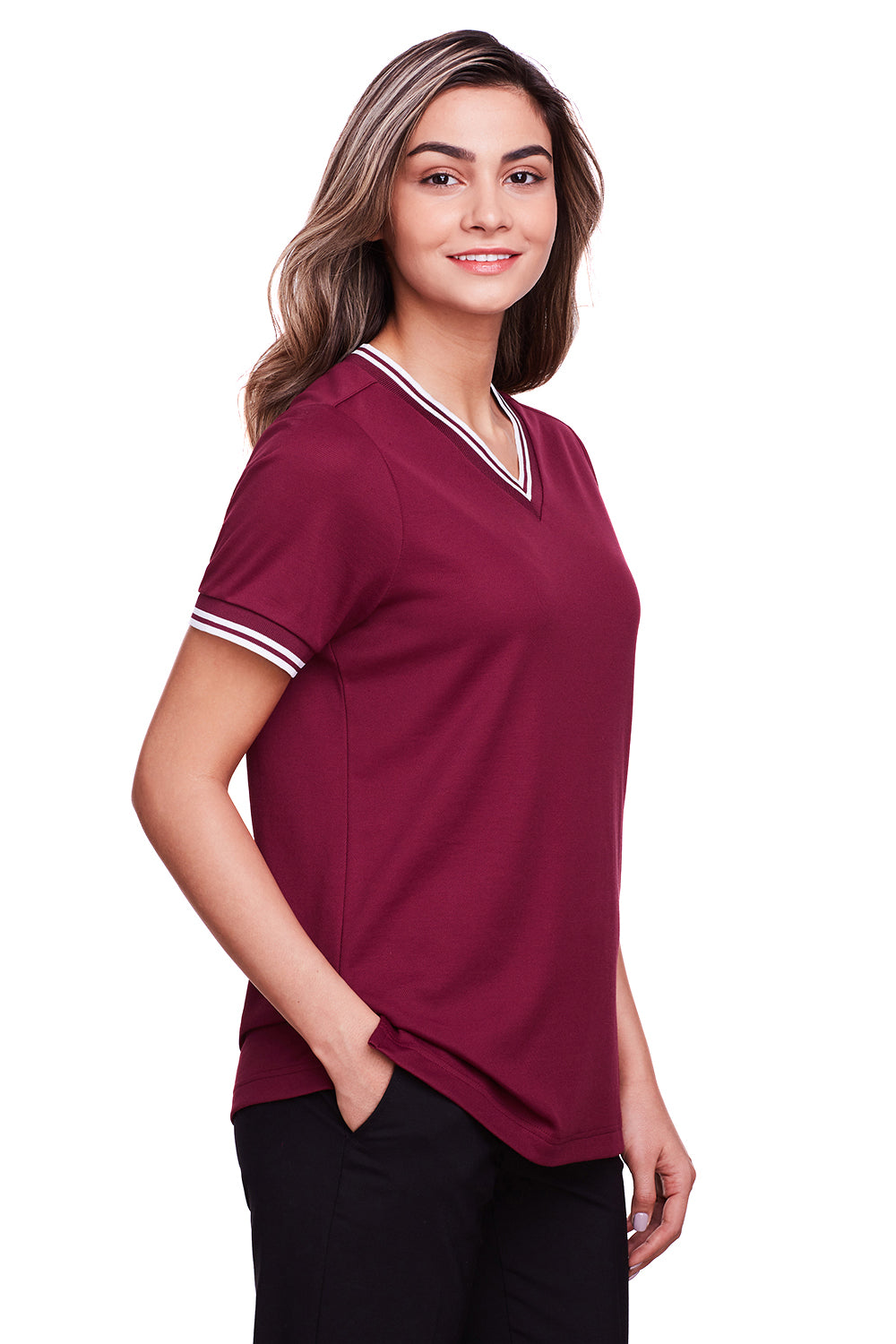 Devon & Jones DG20CW Womens CrownLux Performance Moisture Wicking Short Sleeve Polo Shirt Burgundy/White Model 3q