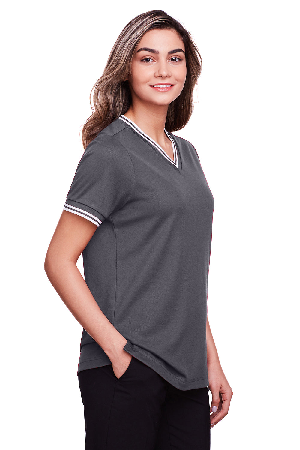 Devon & Jones DG20CW Womens CrownLux Performance Moisture Wicking Short Sleeve Polo Shirt Graphite Grey/White Model 3q