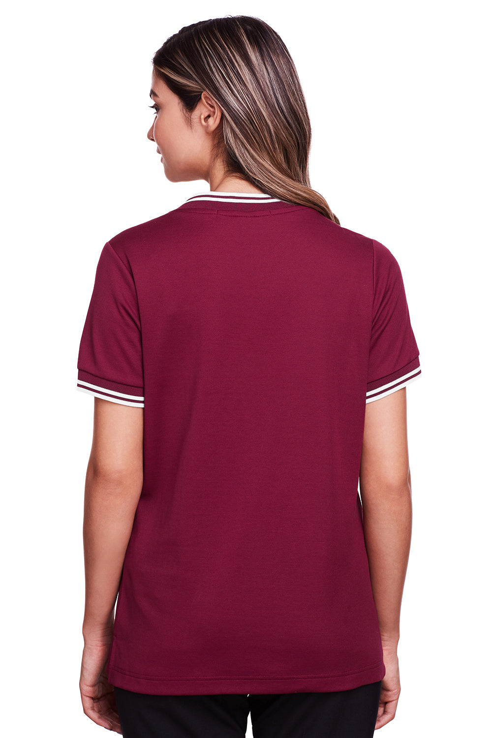 Devon & Jones DG20CW Womens CrownLux Performance Moisture Wicking Short Sleeve Polo Shirt Burgundy/White Model Back