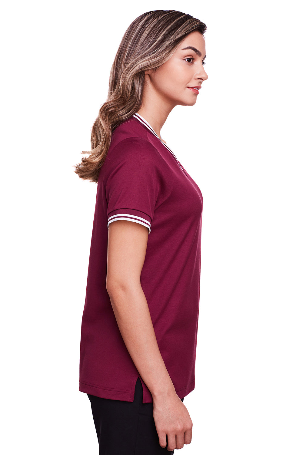 Devon & Jones DG20CW Womens CrownLux Performance Moisture Wicking Short Sleeve Polo Shirt Burgundy/White Model Side