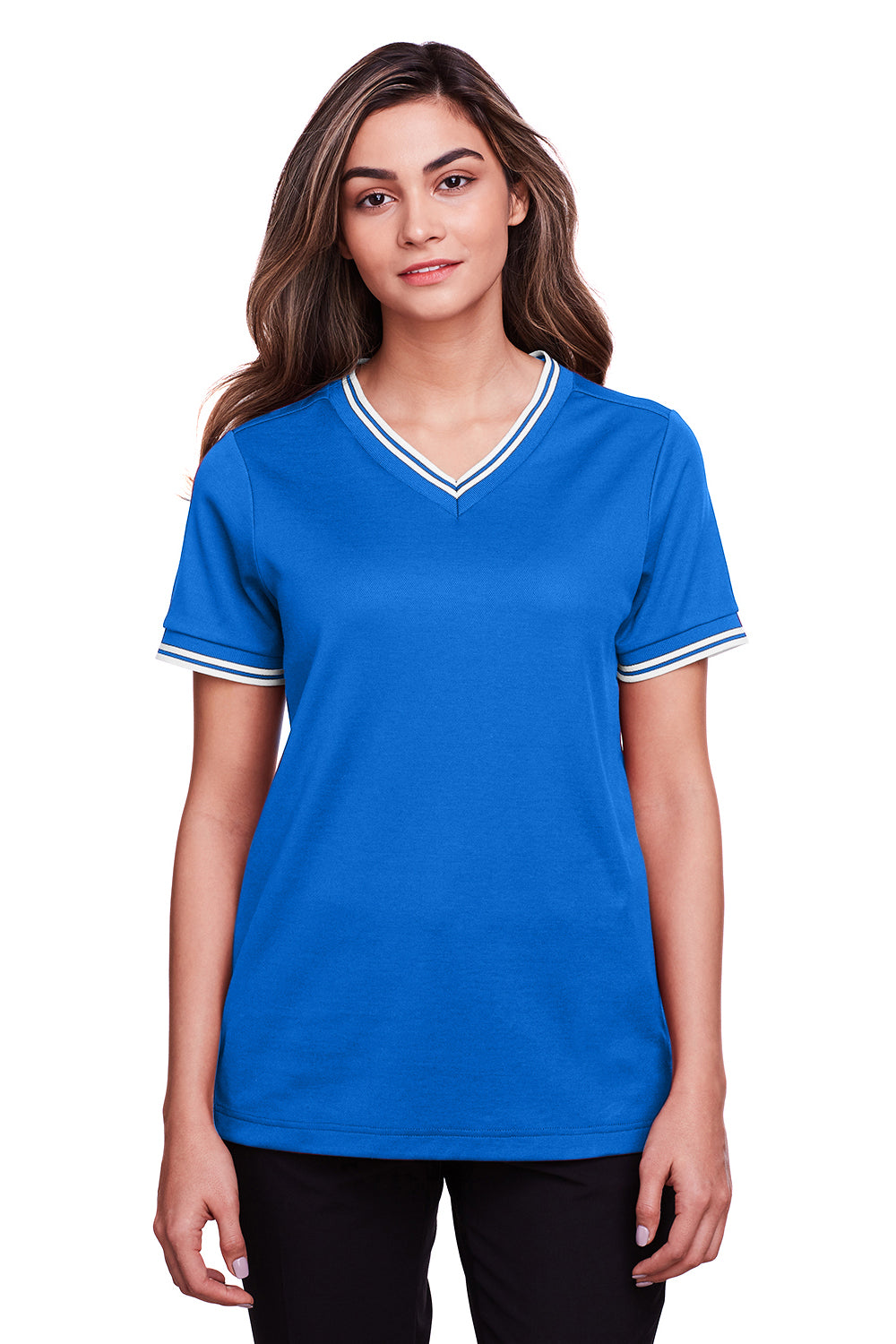 Devon & Jones DG20CW Womens CrownLux Performance Moisture Wicking Short Sleeve Polo Shirt French Blue/White Model Front