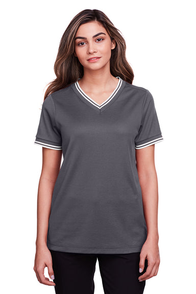 Devon & Jones DG20CW Womens CrownLux Performance Moisture Wicking Short Sleeve Polo Shirt Graphite Grey/White Model Front