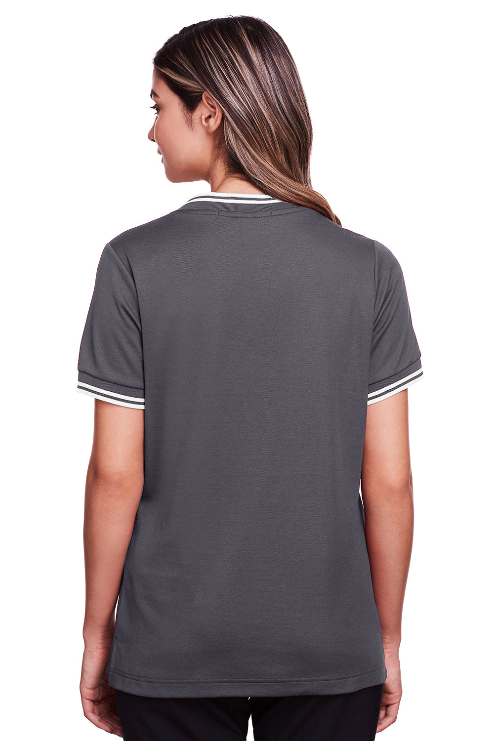 Devon & Jones DG20CW Womens CrownLux Performance Moisture Wicking Short Sleeve Polo Shirt Graphite Grey/White Model Back