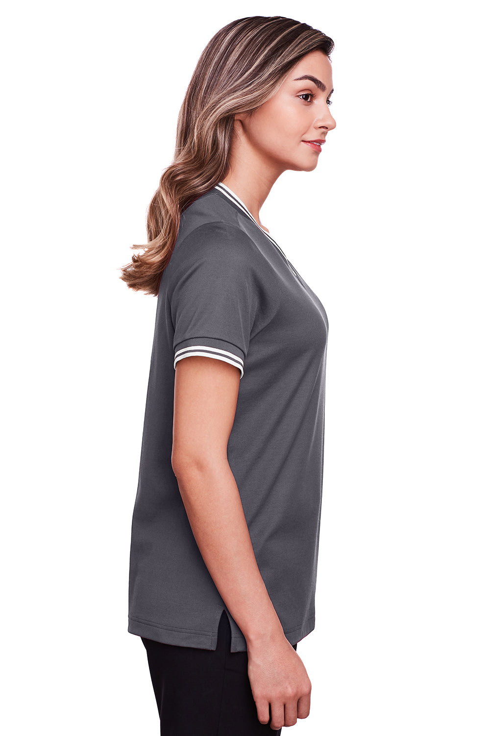 Devon & Jones DG20CW Womens CrownLux Performance Moisture Wicking Short Sleeve Polo Shirt Graphite Grey/White Model Side