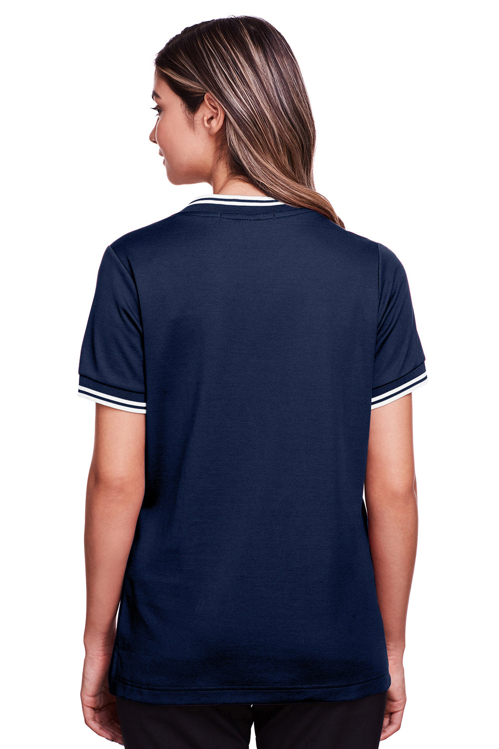 Devon & Jones DG20CW Womens CrownLux Performance Moisture Wicking Short Sleeve Polo Shirt Navy Blue/White Model Back