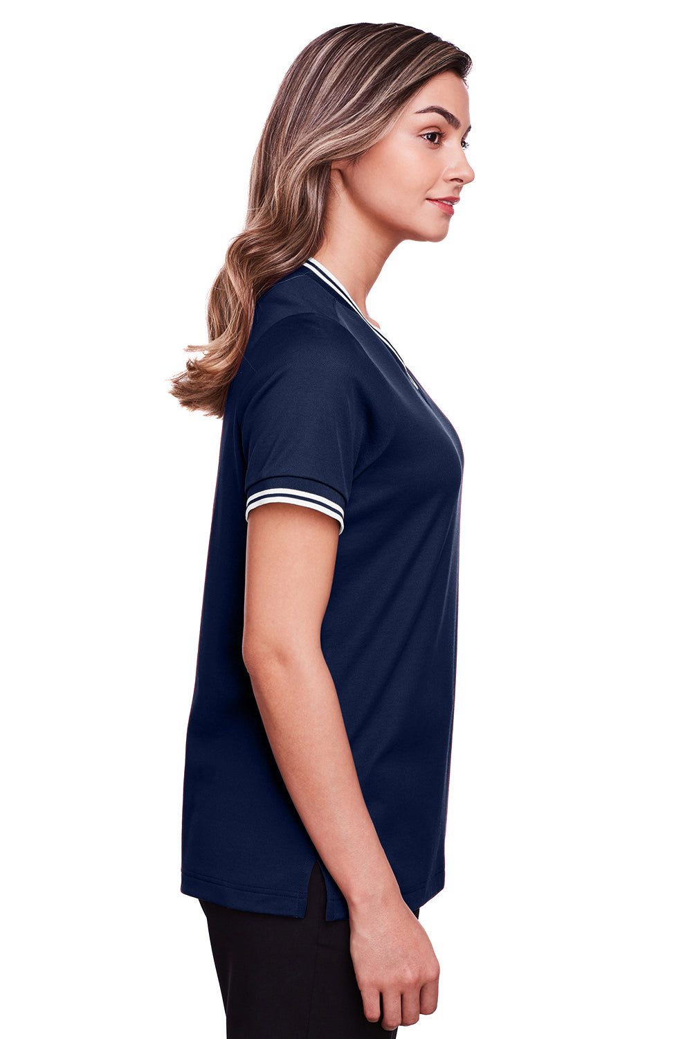 Devon & Jones DG20CW Womens CrownLux Performance Moisture Wicking Short Sleeve Polo Shirt Navy Blue/White Model Side