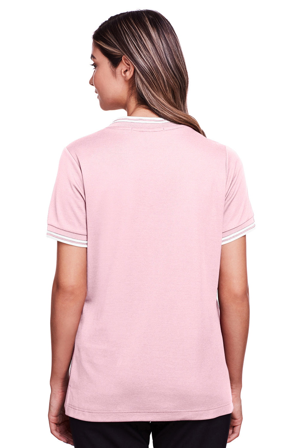 Devon & Jones DG20CW Womens CrownLux Performance Moisture Wicking Short Sleeve Polo Shirt Pink/White Model Back