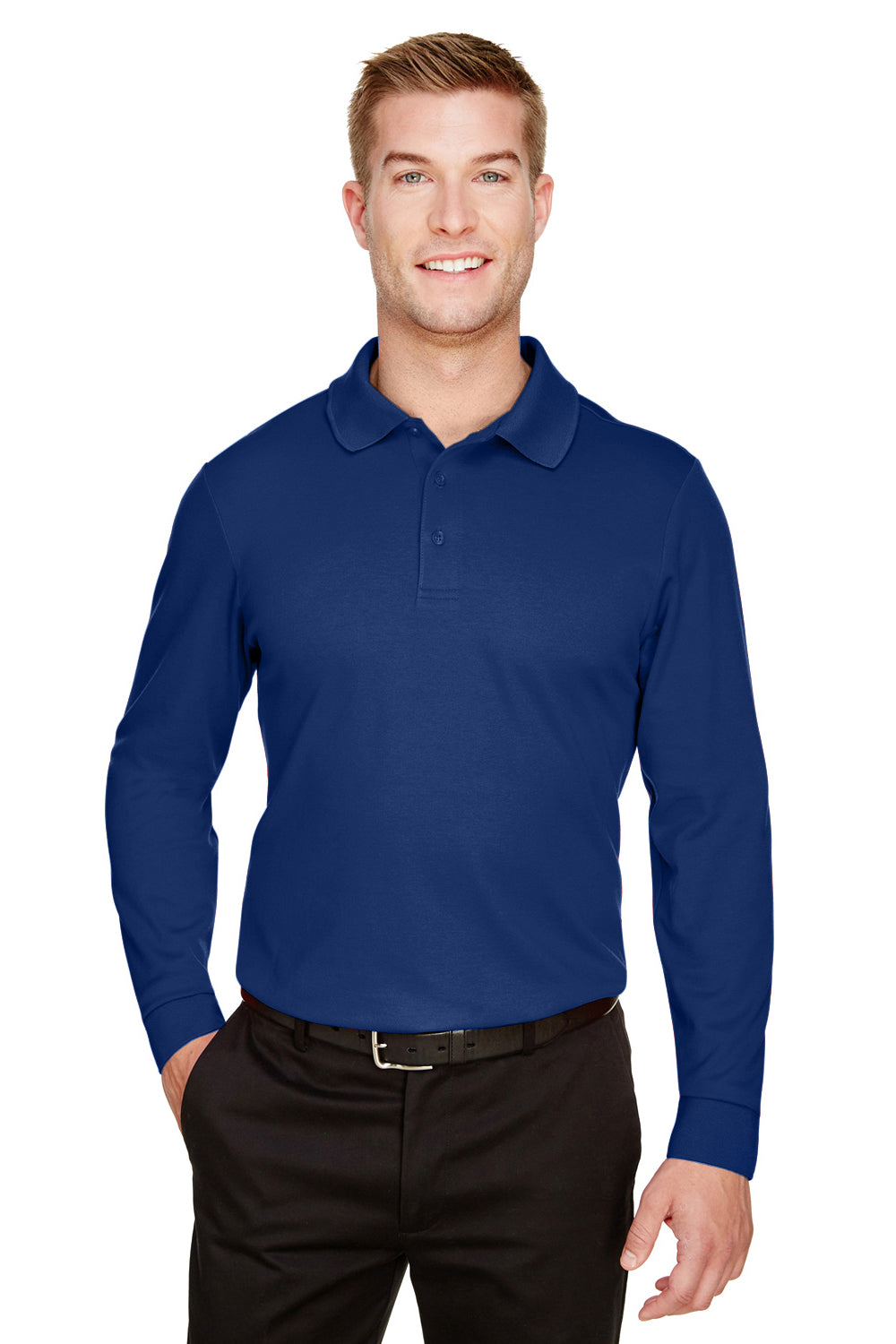 Devon & Jones DG20L/DG20LT Mens CrownLux Performance Moisture Wicking Long Sleeve Polo Shirt True Royal Blue Model Front