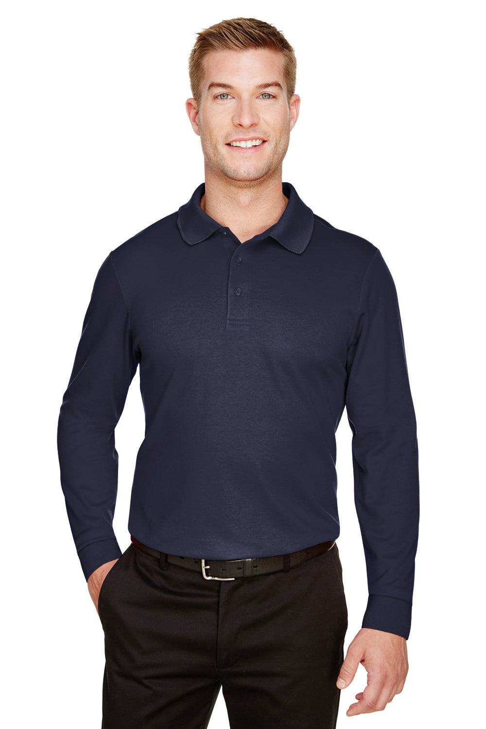 Devon & Jones DG20L/DG20LT Mens CrownLux Performance Moisture Wicking Long Sleeve Polo Shirt Navy Blue Model Front