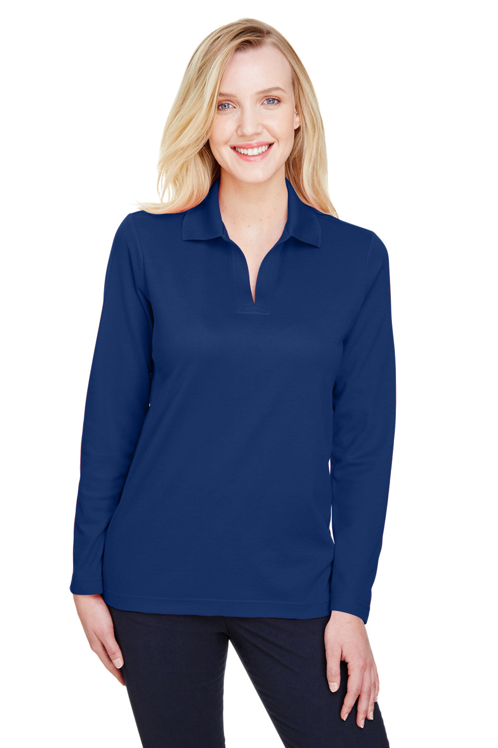 Devon & Jones DG20LW Womens CrownLux Performance Moisture Wicking Long Sleeve Polo Shirt True Royal Blue Model Front