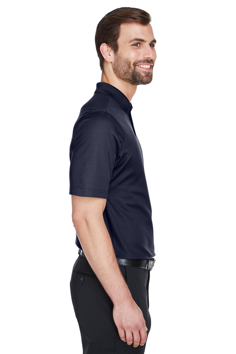 Devon & Jones DG20/DG20T Mens CrownLux Performance Moisture Wicking Short Sleeve Polo Shirt Navy Blue Model Side