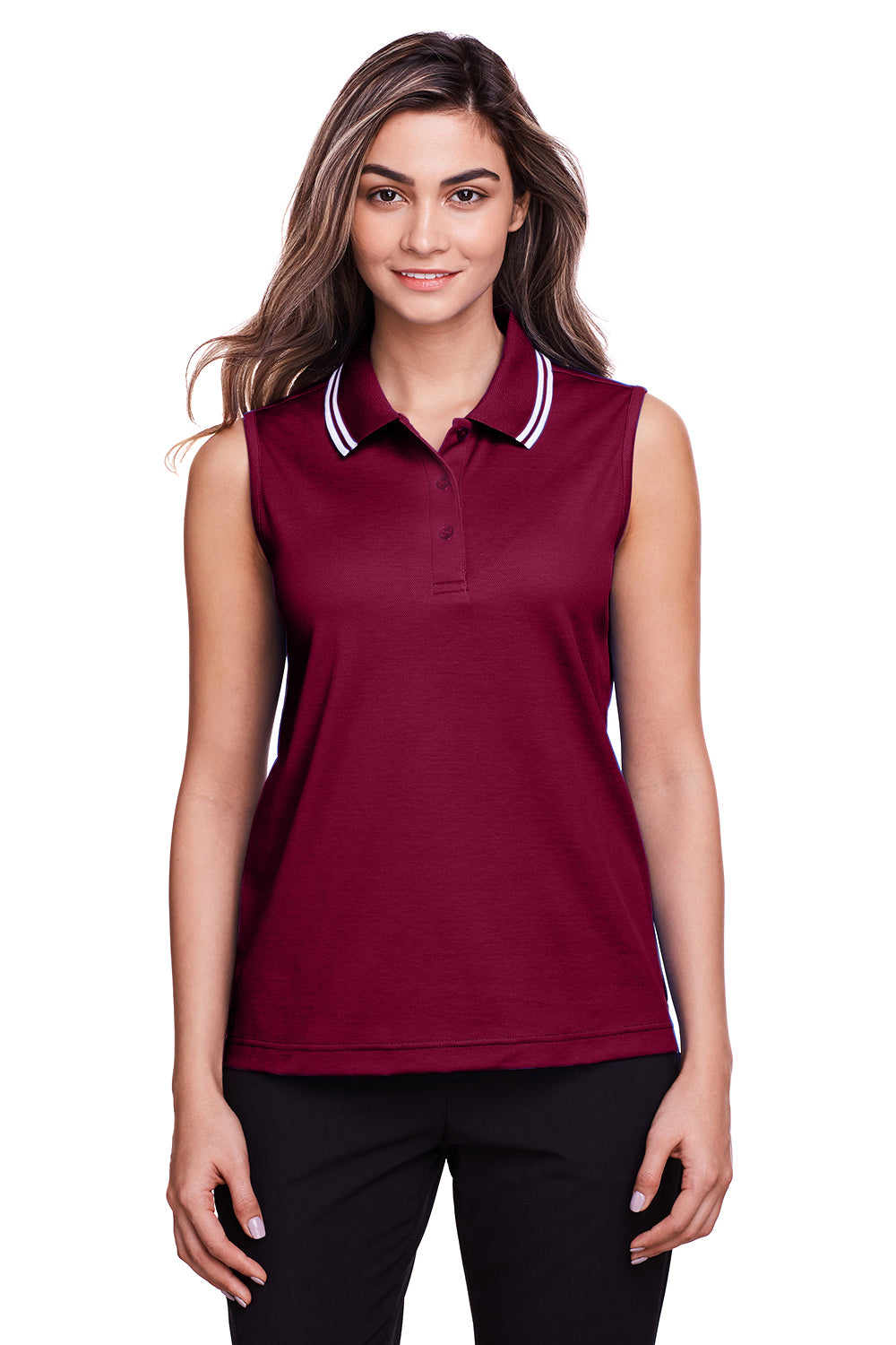 Devon & Jones DG20SW Womens CrownLux Performance Moisture Wicking Sleeveless Polo Shirt Burgundy/White Model Front