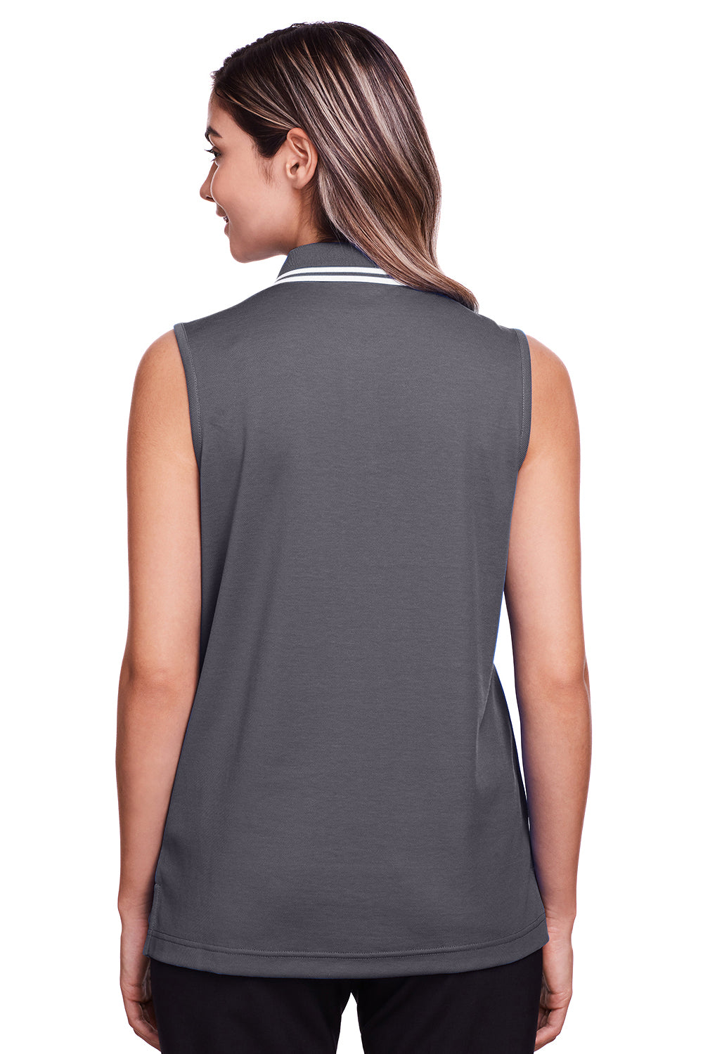 Devon & Jones DG20SW Womens CrownLux Performance Moisture Wicking Sleeveless Polo Shirt Graphite Grey/White Model Back