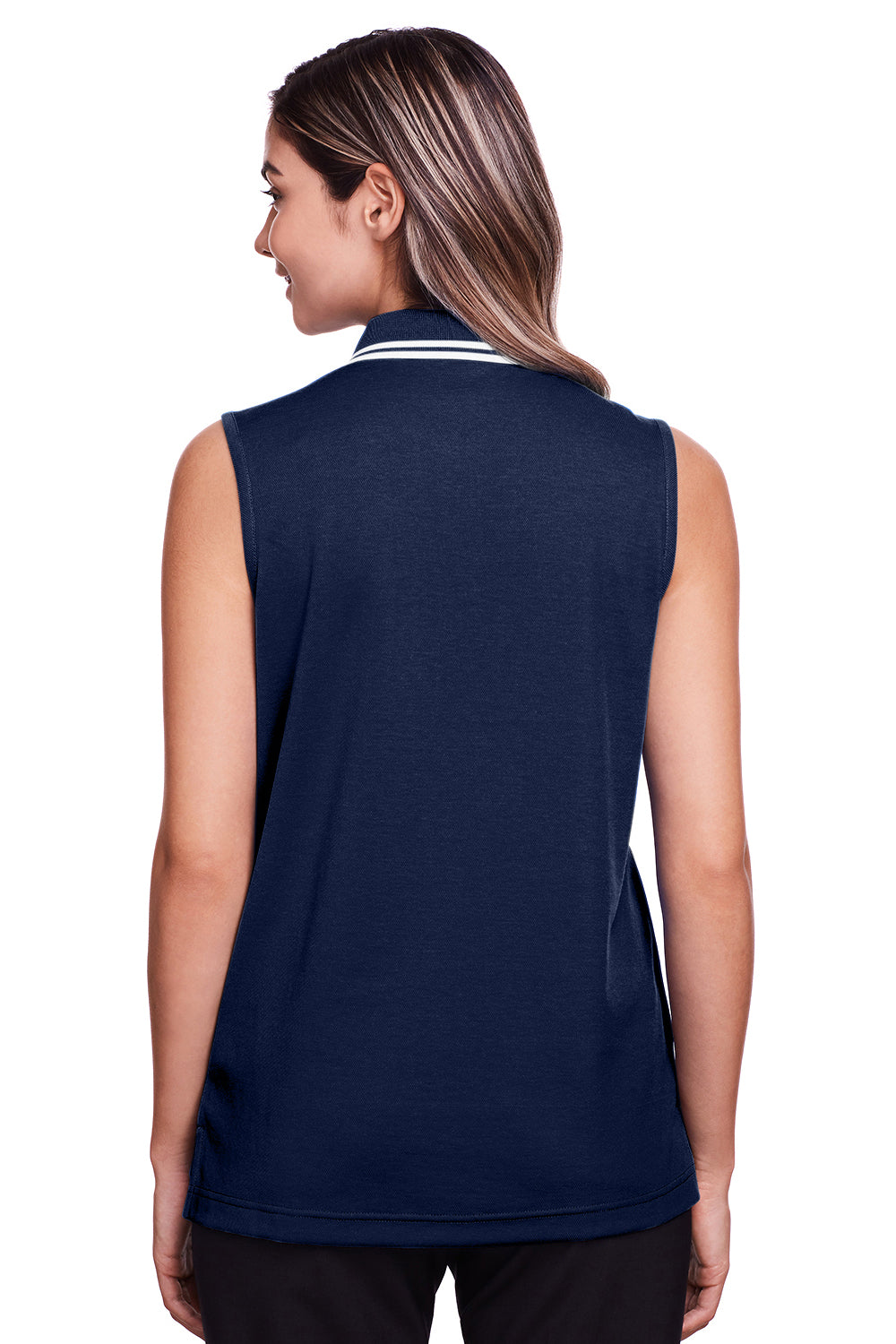 Devon & Jones DG20SW Womens CrownLux Performance Moisture Wicking Sleeveless Polo Shirt Navy Blue/White Model Back