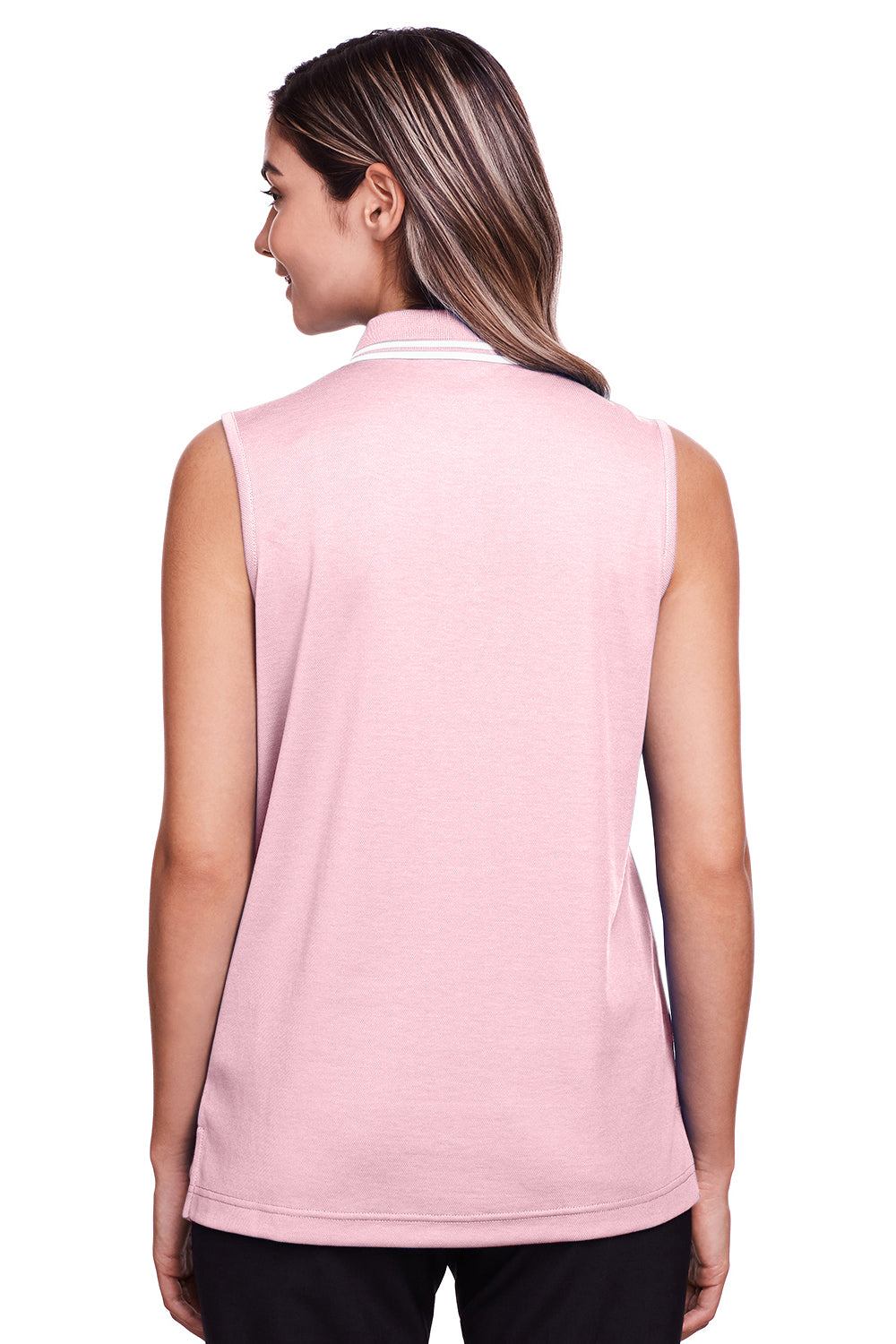 Devon & Jones DG20SW Womens CrownLux Performance Moisture Wicking Sleeveless Polo Shirt Pink/White Model Back