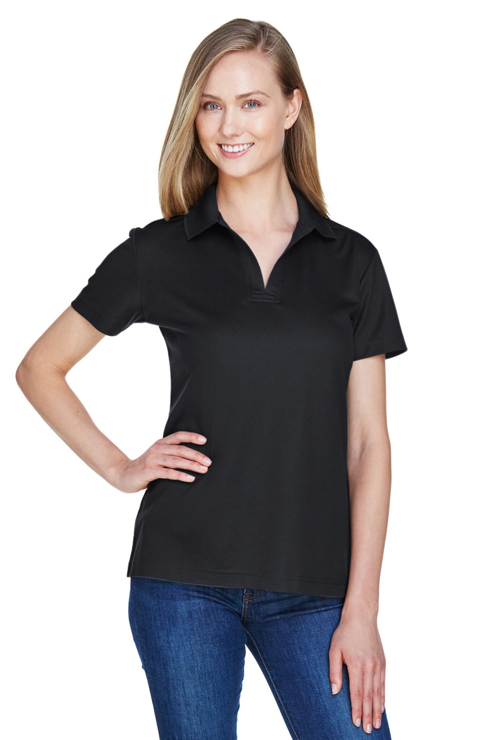 Devon & Jones DG20W Womens CrownLux Performance Moisture Wicking Short Sleeve Polo Shirt Black Model Front