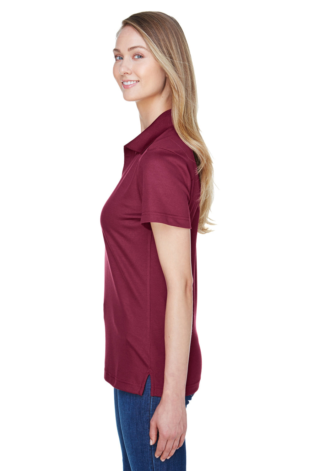 Devon & Jones DG20W Womens CrownLux Performance Moisture Wicking Short Sleeve Polo Shirt Burgundy Model Side