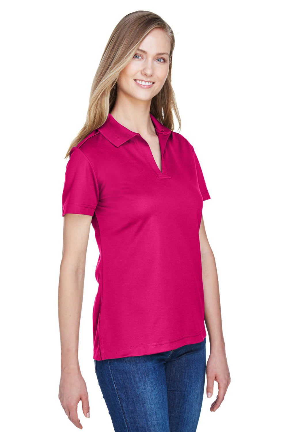 Devon & Jones DG20W Womens CrownLux Performance Moisture Wicking Short Sleeve Polo Shirt Crown Raspberry Pink Model 3q