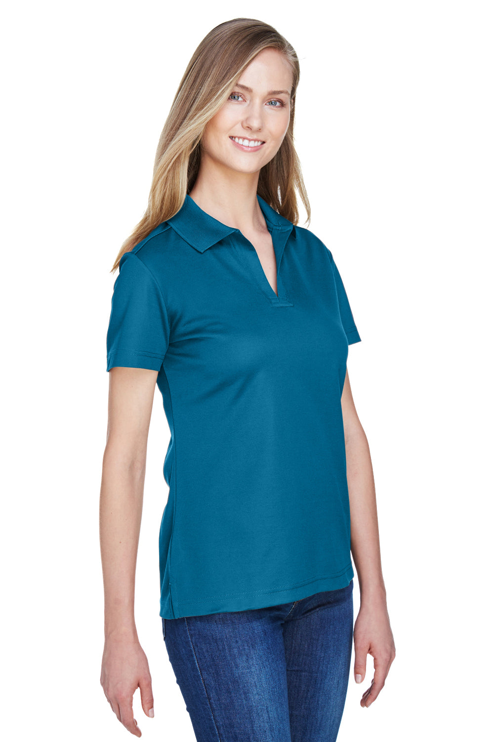 Devon & Jones DG20W Womens CrownLux Performance Moisture Wicking Short Sleeve Polo Shirt Dark Teal Blue Model 3q