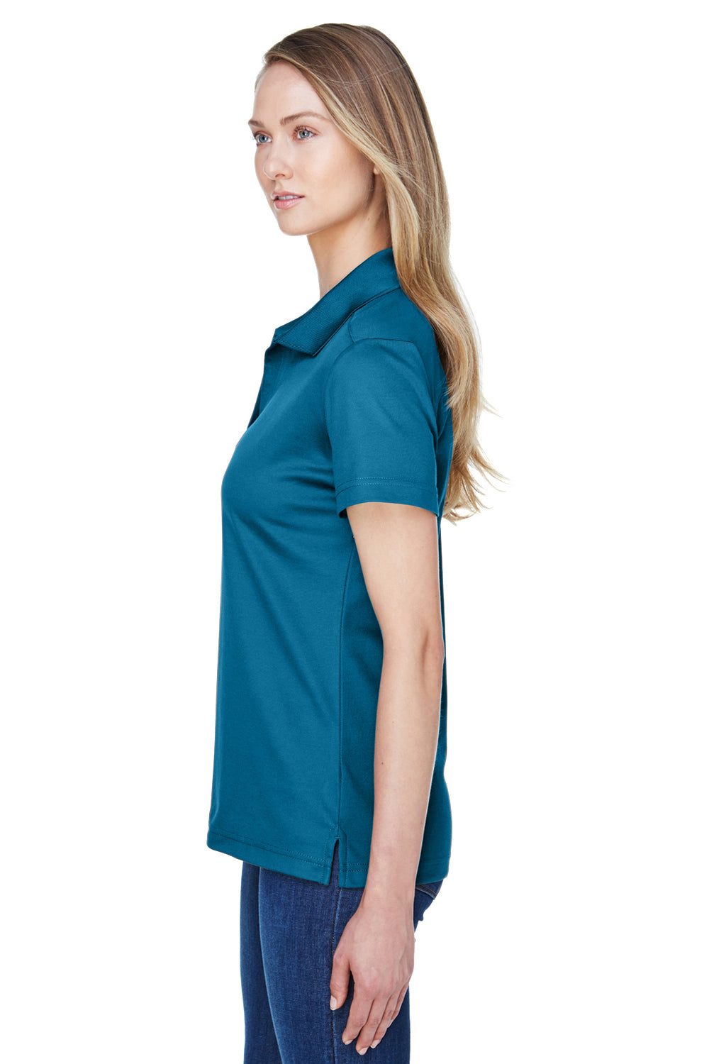 Devon & Jones DG20W Womens CrownLux Performance Moisture Wicking Short Sleeve Polo Shirt Dark Teal Blue Model Side