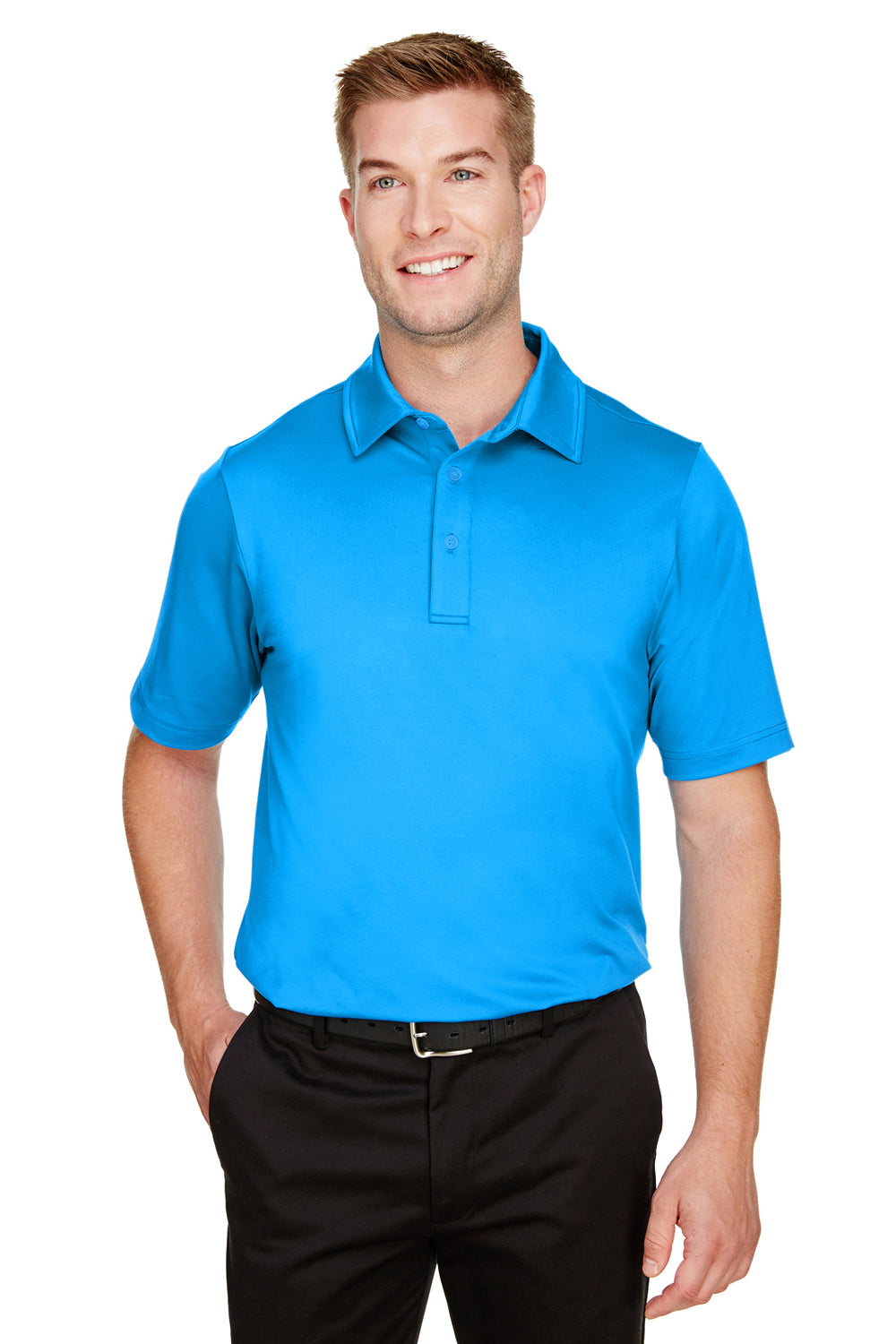 Devon & Jones DG21 Mens CrownLux Range Flex Performance Moisture Wicking Short Sleeve Polo Shirt Ocean Blue Model Front