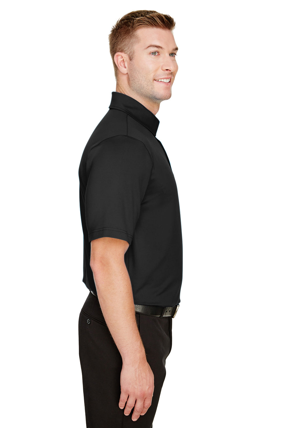 Devon & Jones DG21 Mens CrownLux Range Flex Performance Moisture Wicking Short Sleeve Polo Shirt Black Model Side