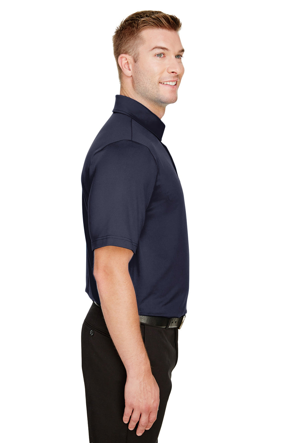 Devon & Jones DG21 Mens CrownLux Range Flex Performance Moisture Wicking Short Sleeve Polo Shirt Navy Blue Model Side