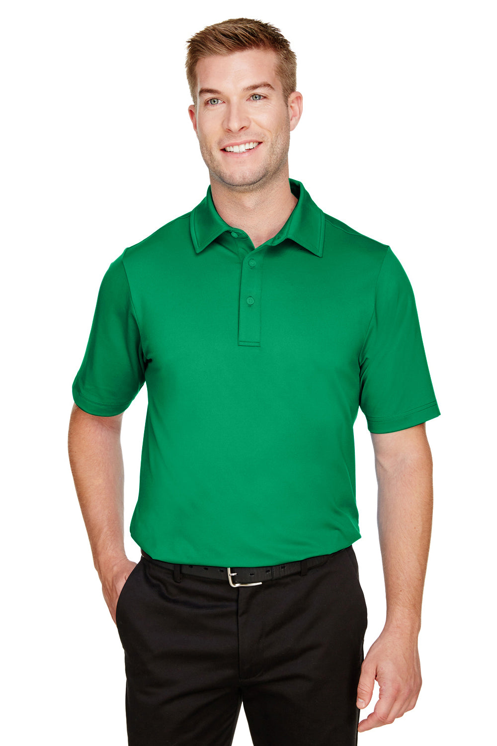 Devon & Jones DG21 Mens CrownLux Range Flex Performance Moisture Wicking Short Sleeve Polo Shirt Kelly Green Model Front