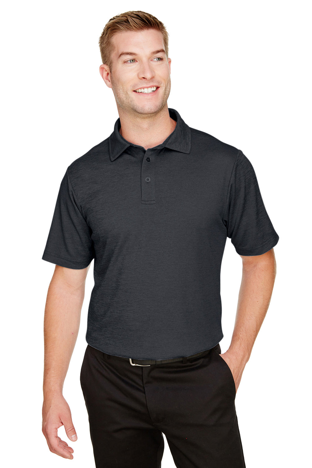 Devon & Jones DG22 Mens CrownLux Address Melange Performance Moisture Wicking Short Sleeve Polo Shirt Heather Black Model Front