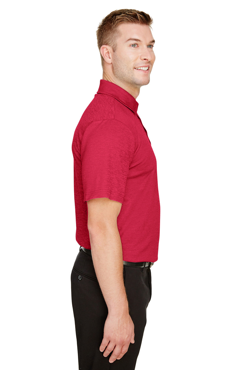 Devon & Jones DG22 Mens CrownLux Address Melange Performance Moisture Wicking Short Sleeve Polo Shirt Heather Red Model Side