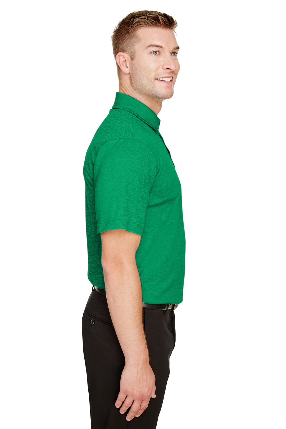 Devon & Jones DG22 Mens CrownLux Address Melange Performance Moisture Wicking Short Sleeve Polo Shirt Heather Kelly Green Model Side