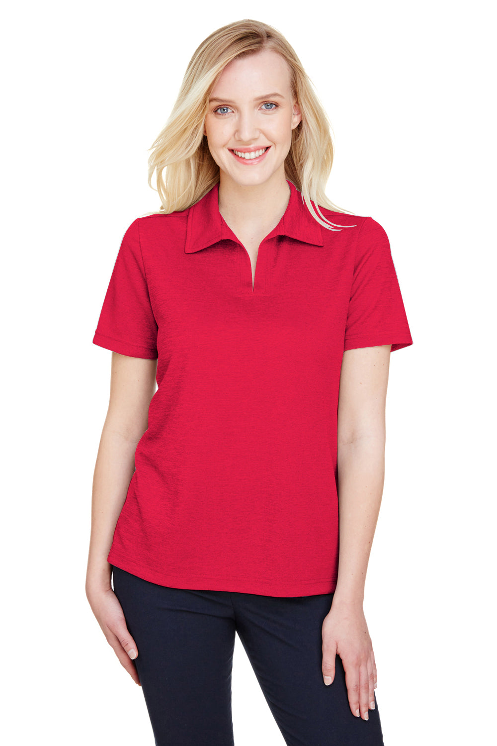 Devon & Jones DG22W Womens CrownLux Address Melange Performance Moisture Wicking Short Sleeve Polo Shirt Heather Red Model Front