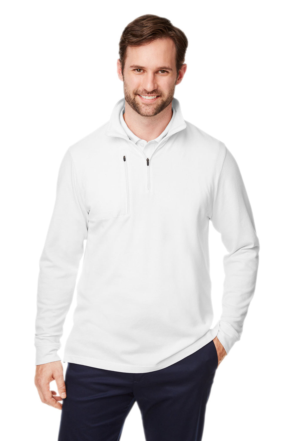 Devon & Jones DG400 Mens New Classics Performance Moisture Wicking 1/4 Zip Sweatshirt White Model Front