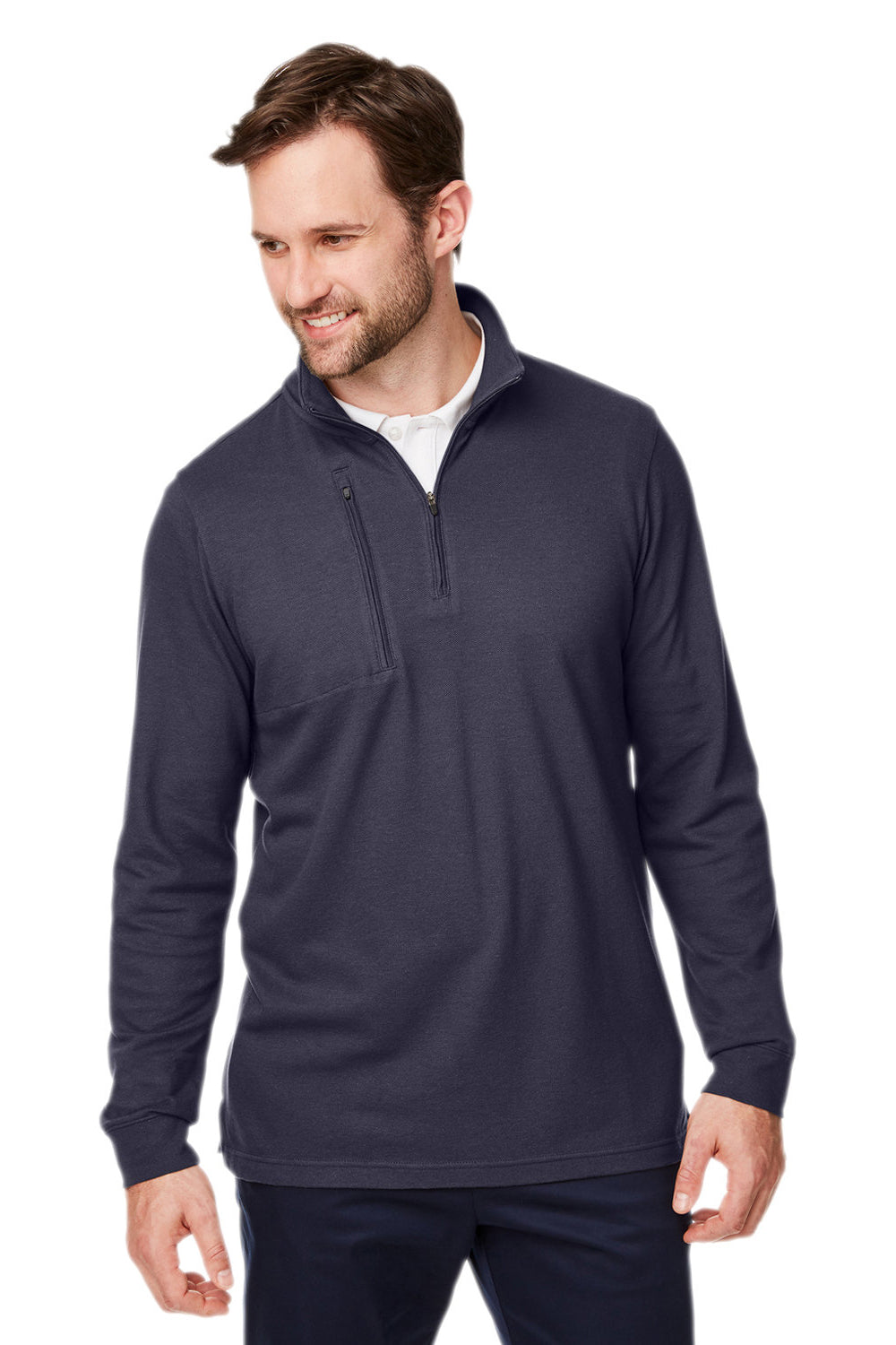 Devon & Jones DG400 Mens New Classics Performance Moisture Wicking 1/4 Zip Sweatshirt Navy Blue Model Front