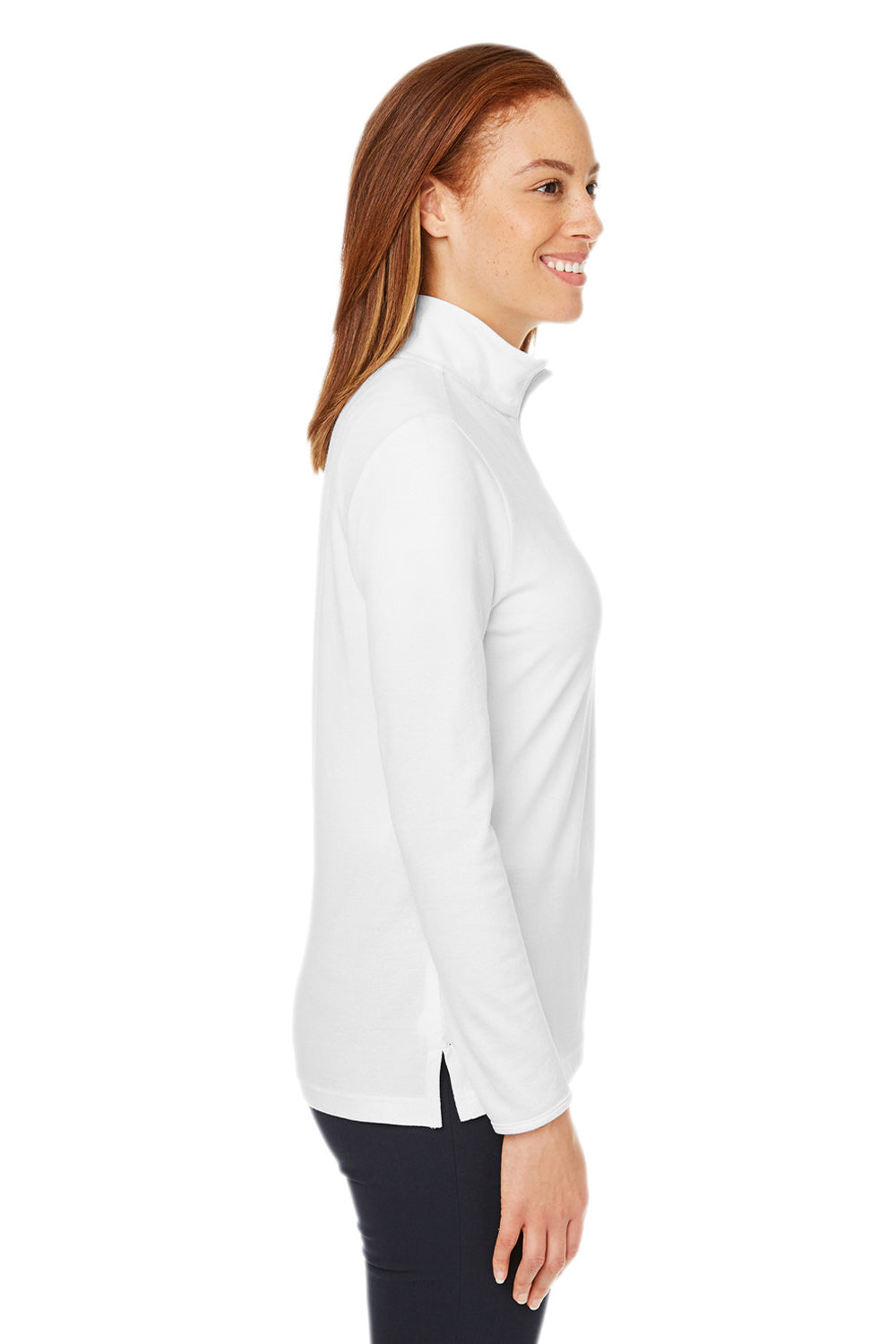 Devon & Jones DG400W Womens New Classics Performance Moisture Wicking 1/4 Zip Sweatshirt White Model Side