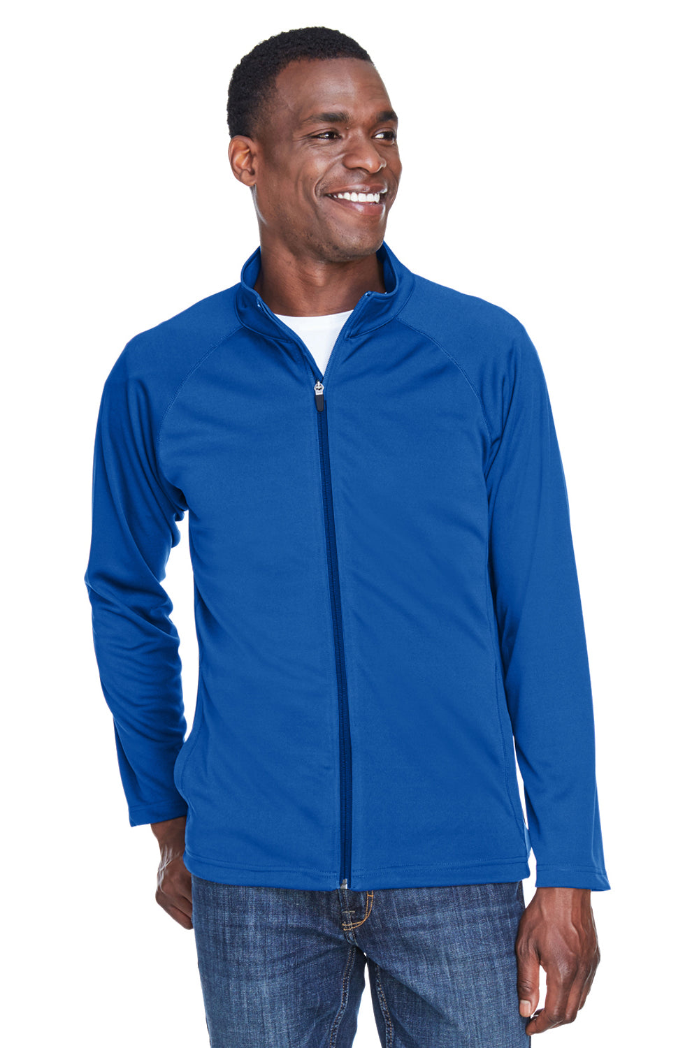 Devon & Jones DG420 Mens Compass Stretch Tech Moisture Wicking Full Zip Sweatshirt True Royal Blue Model Front