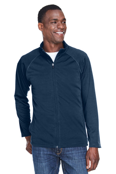 Devon & Jones DG420 Mens Compass Stretch Tech Moisture Wicking Full Zip Sweatshirt Heather Navy Blue Model Front