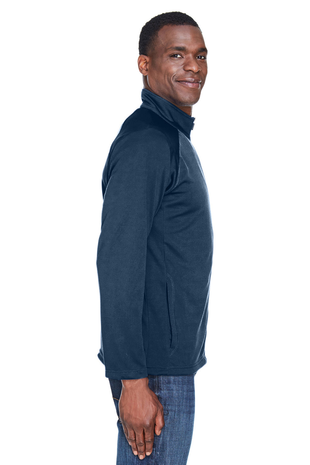 Devon & Jones DG420 Mens Compass Stretch Tech Moisture Wicking Full Zip Sweatshirt Heather Navy Blue Model Side