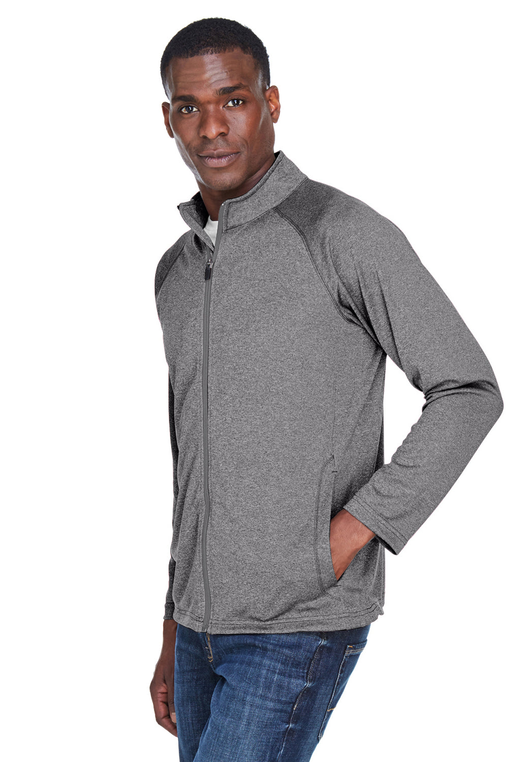 Devon & Jones DG420 Mens Compass Stretch Tech Moisture Wicking Full Zip Sweatshirt Heather Dark Grey Model 3q