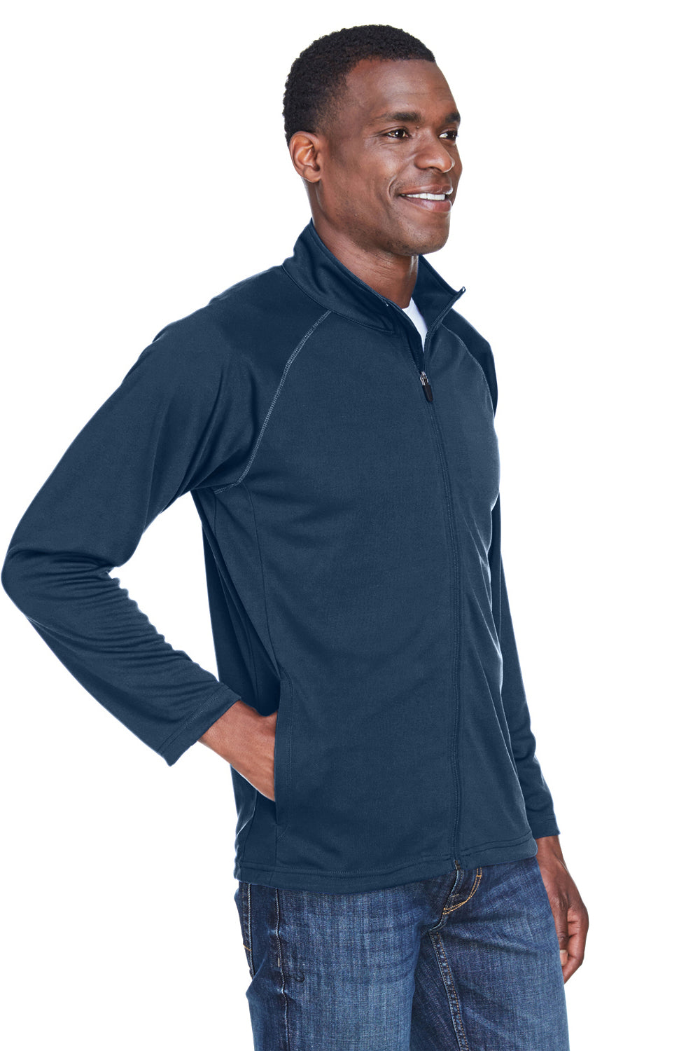 Devon & Jones DG420 Mens Compass Stretch Tech Moisture Wicking Full Zip Sweatshirt Heather Navy Blue Model 3q