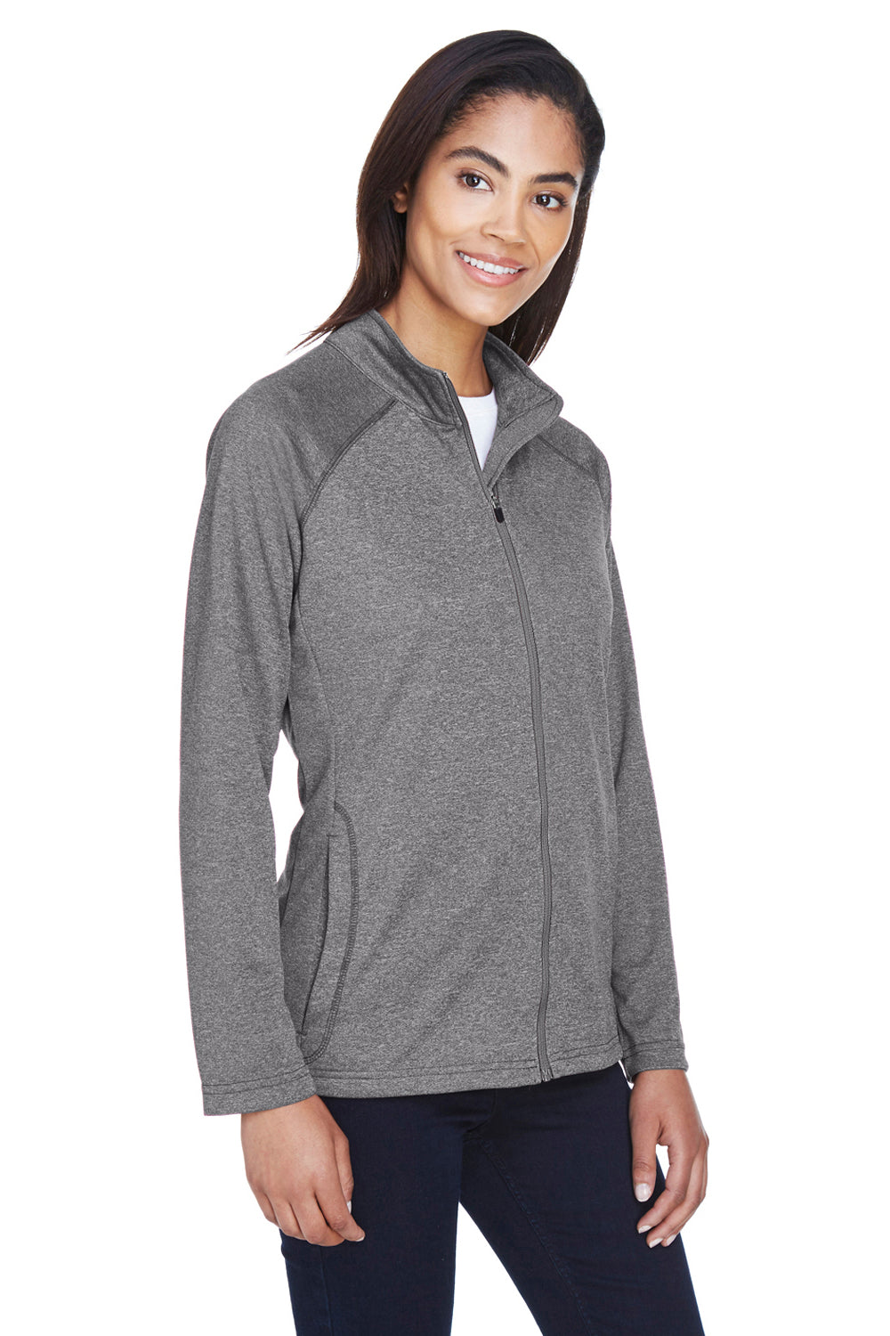 Devon & Jones DG420W Womens Compass Stretch Tech Moisture Wicking Full Zip Sweatshirt Heather Dark Grey Model 3q