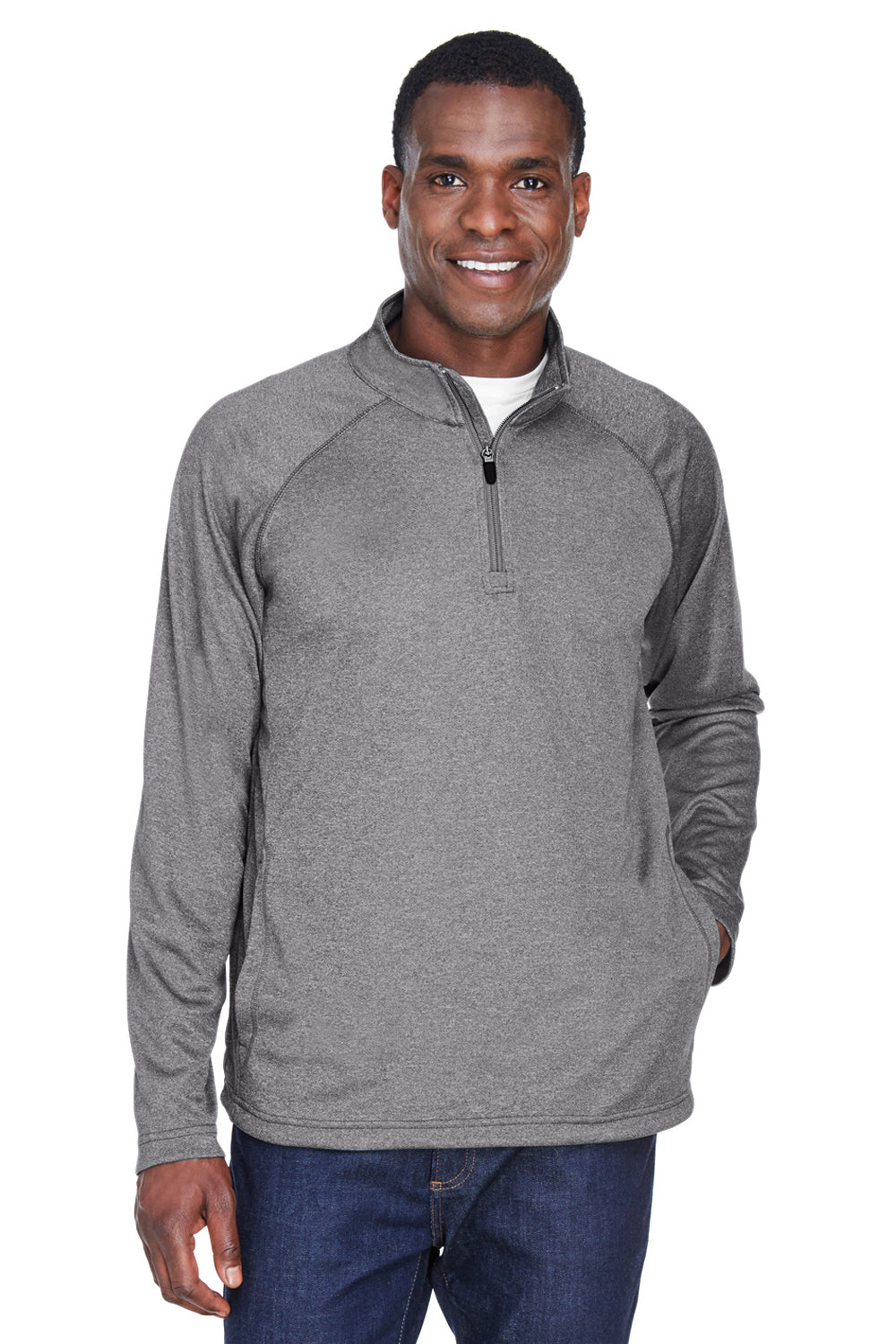 Devon & Jones DG440 Mens Compass Stretch Tech Moisture Wicking 1/4 Zip Sweatshirt Heather Dark Grey Model Front