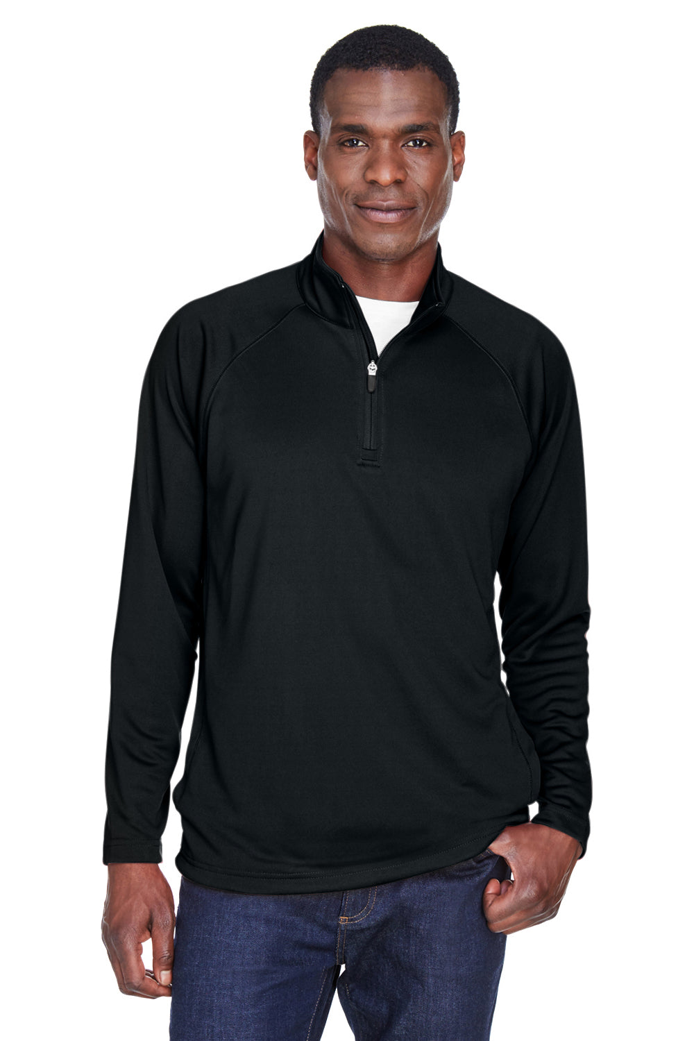 Devon & Jones DG440 Mens Compass Stretch Tech Moisture Wicking 1/4 Zip Sweatshirt Black Model Front