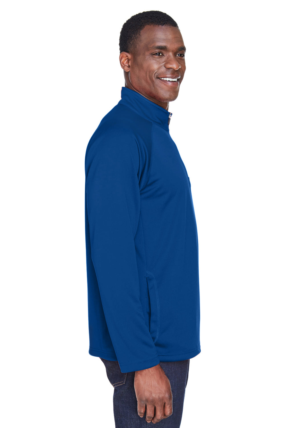 Devon & Jones DG440 Mens Compass Stretch Tech Moisture Wicking 1/4 Zip Sweatshirt True Royal Blue Model Side