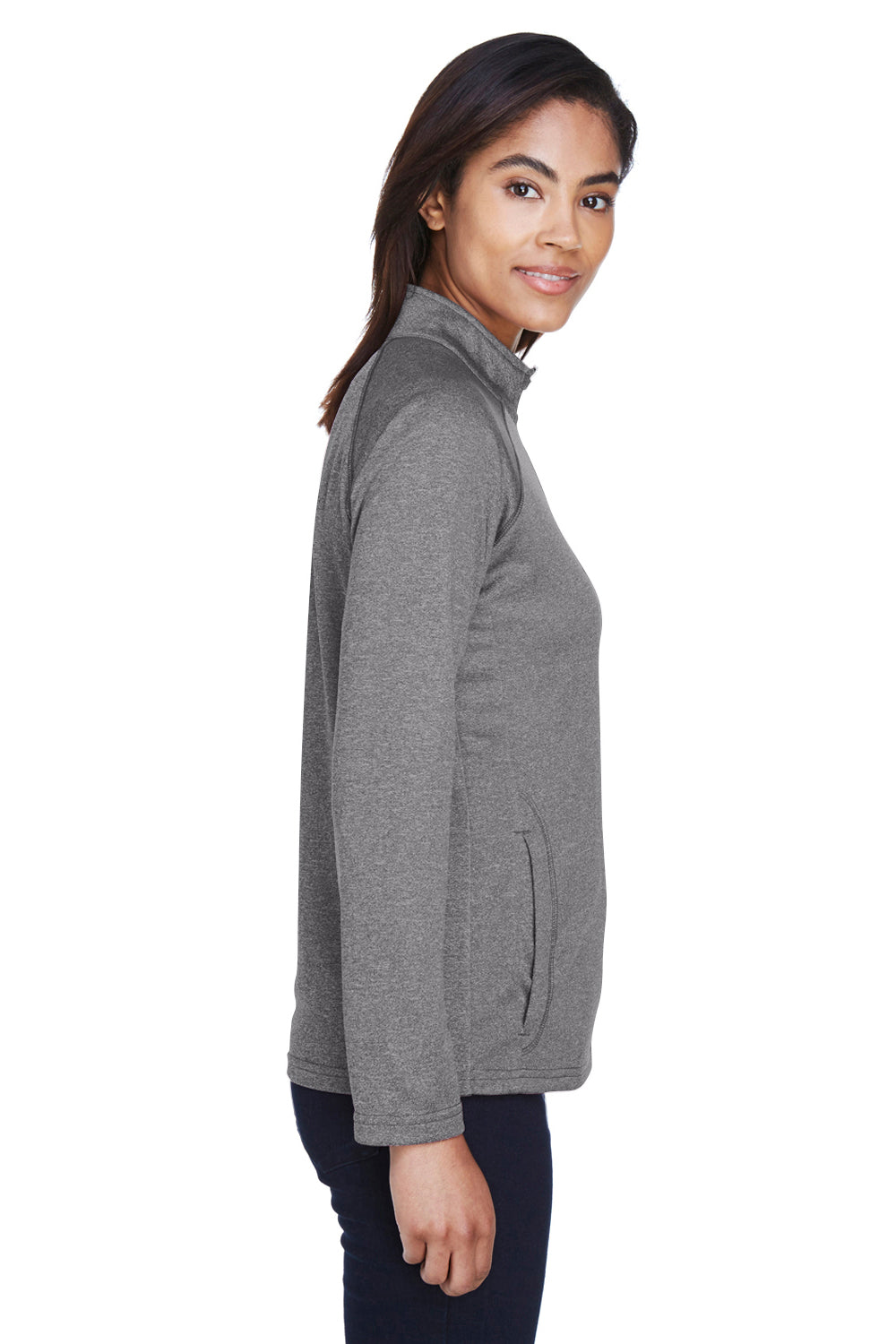 Devon & Jones DG440W Womens Compass Stretch Tech Moisture Wicking 1/4 Zip Sweatshirt Heather Dark Grey Model Side