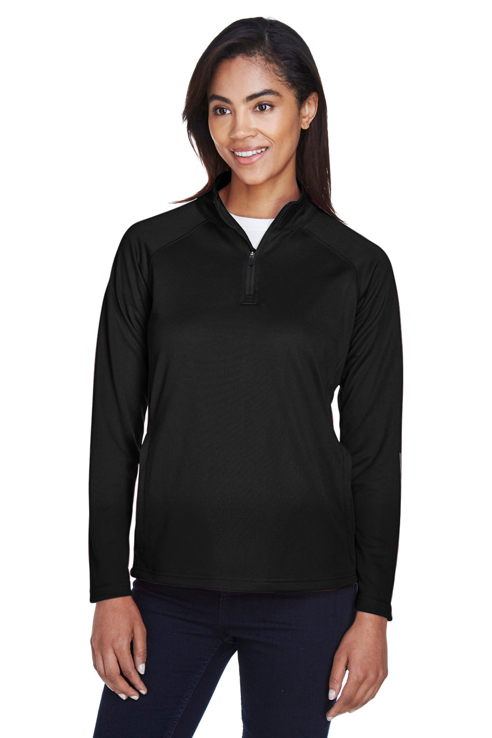 Devon & Jones DG440W Womens Compass Stretch Tech Moisture Wicking 1/4 Zip Sweatshirt Black Model Front