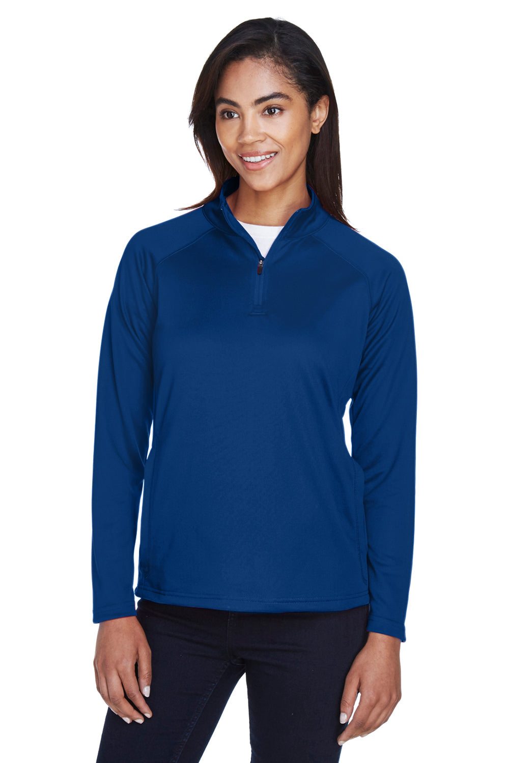 Devon & Jones DG440W Womens Compass Stretch Tech Moisture Wicking 1/4 Zip Sweatshirt True Royal Blue Model Front