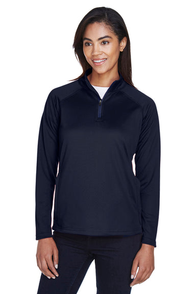 Devon & Jones DG440W Womens Compass Stretch Tech Moisture Wicking 1/4 Zip Sweatshirt Navy Blue Model Front