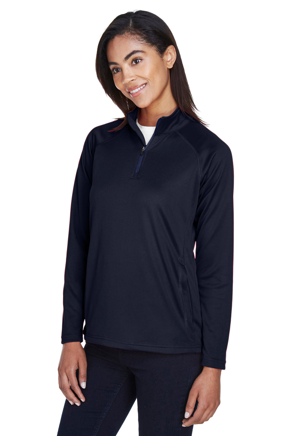 Devon & Jones DG440W Womens Compass Stretch Tech Moisture Wicking 1/4 Zip Sweatshirt Navy Blue Model 3q